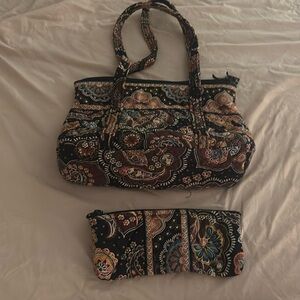 Vera Bradley purse and cosmetic bag black paisley- excellent condition Dry Clean